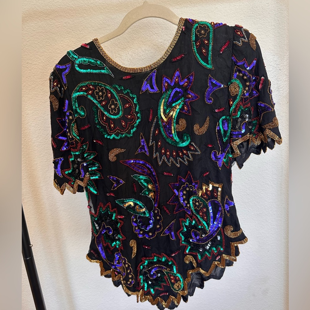 Vintage Laurence Kazar Black with Vibrant Embellished Blouse